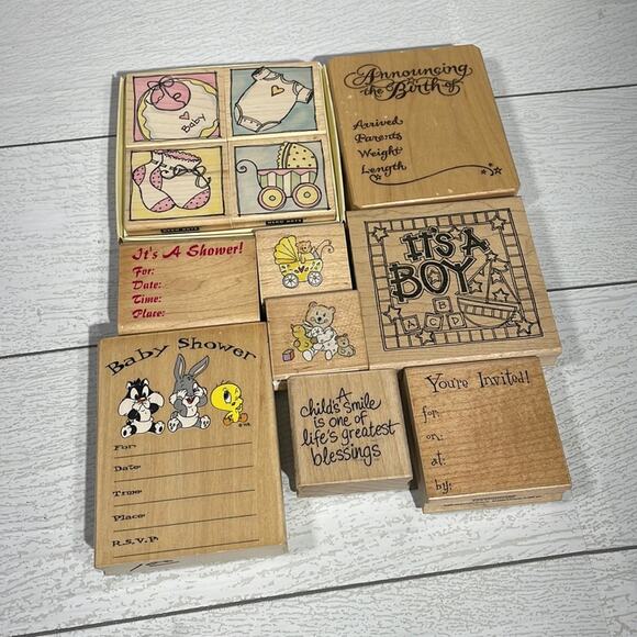 Baby shower and birth announcement rubber stamps themed set of 12 - Picture 1 of 6